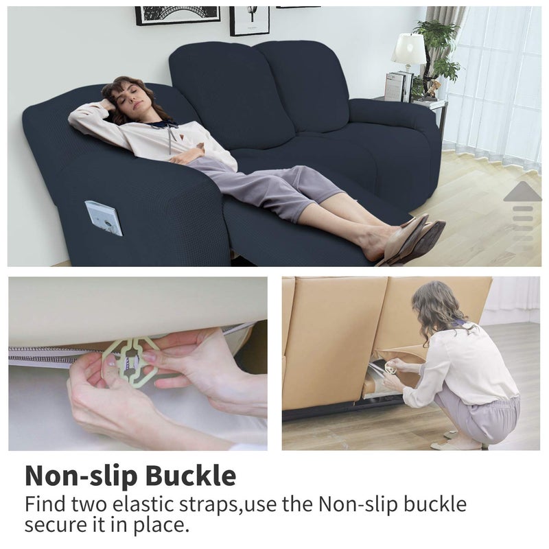 Easy-Going 6 Pieces Recliner Loveseat Stretch Sofa Slipcover Sofa Cover Furniture Protector Couch Soft with Elastic Bottom Kids, Spandex Jacquard Fabric Small Checks Dark Blue - Image 3